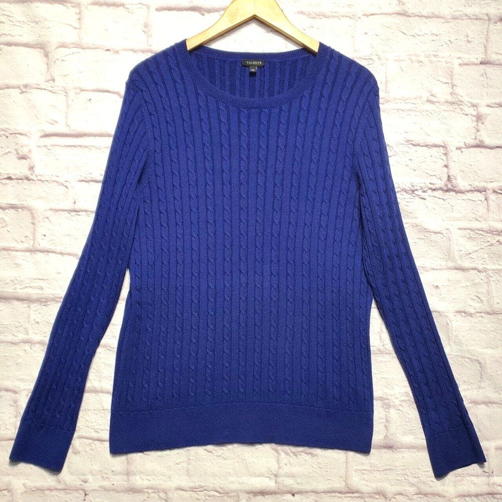 Talbots Cable Knit Crew Neck Pullover Sweater Womens XL Blue Classic Wool Blend